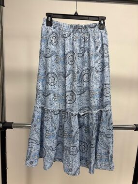 Light Blue Paisley Tiered Maxi Skirt